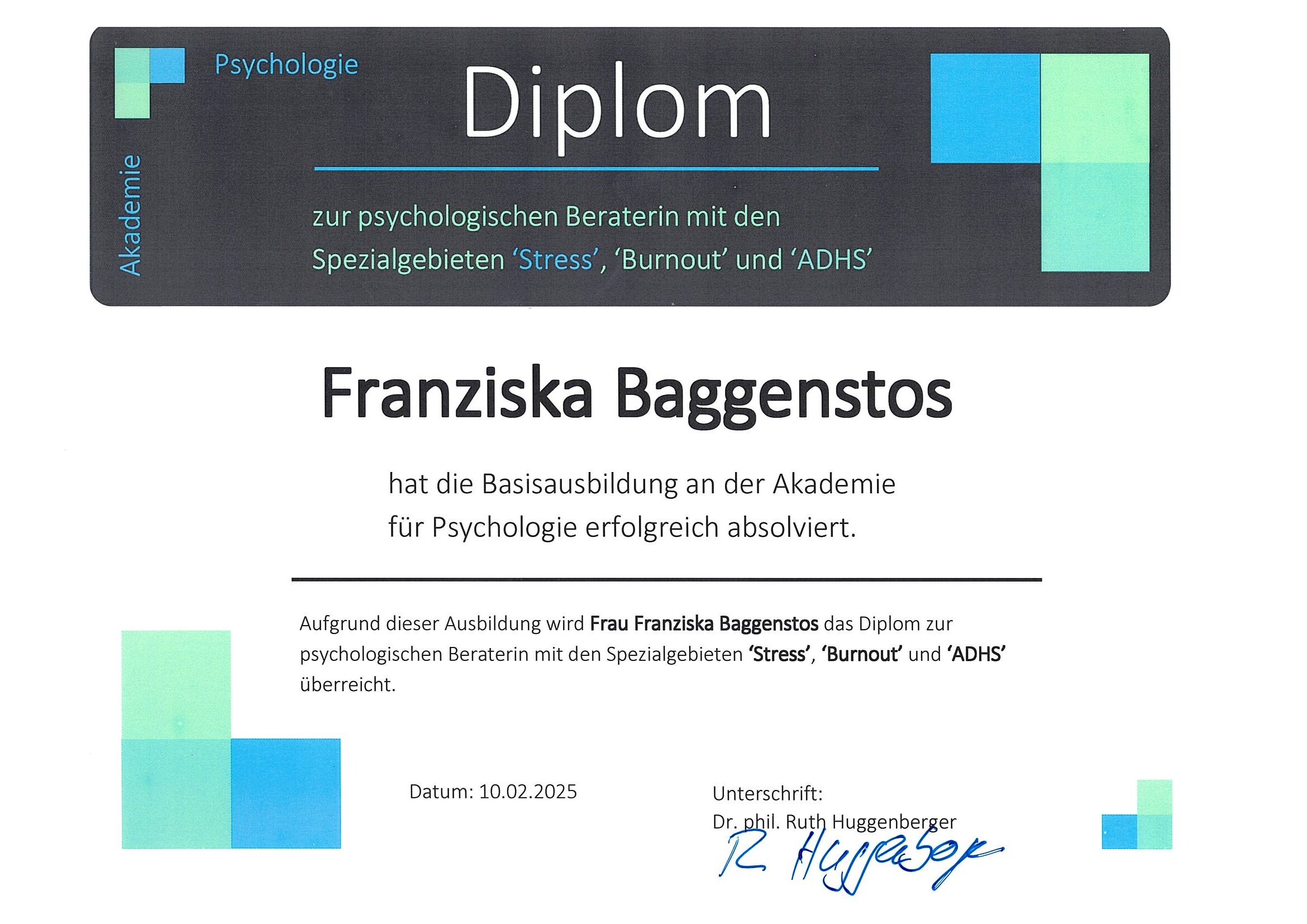 Diplom zur psychologischen Beraterin – Spezialisierung auf Stress, Burnout und ADHS
